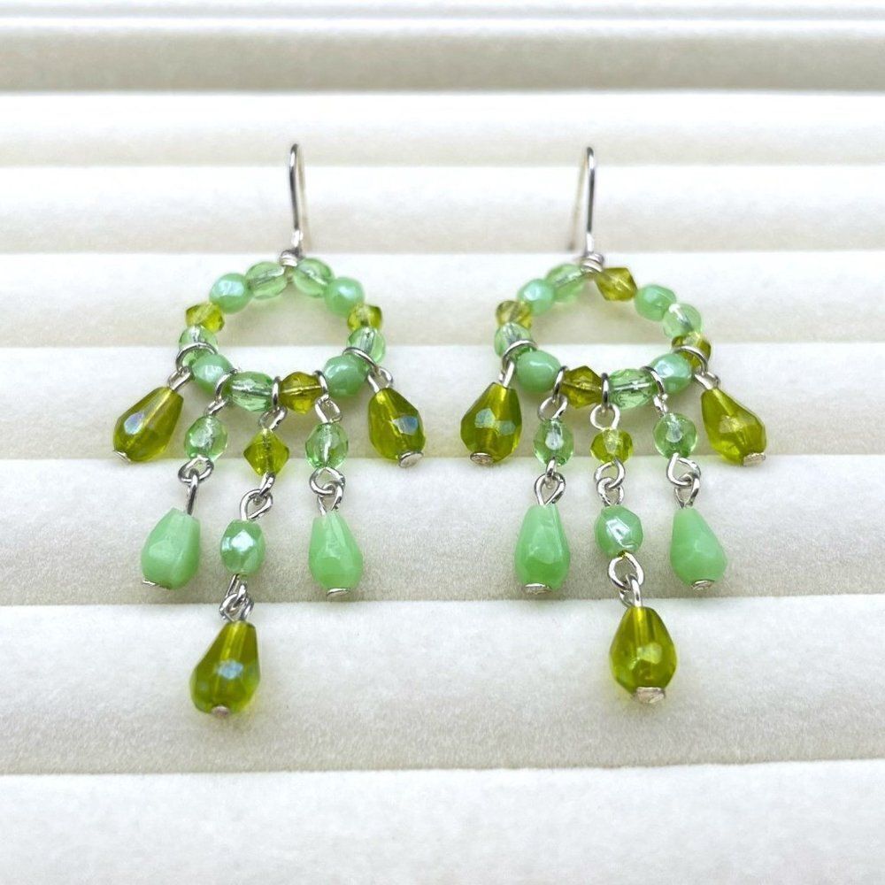 Silver with Emerald and Mint Green Crystal Beaded Dangling Drop Hook Earrings - Picture 4 of 8